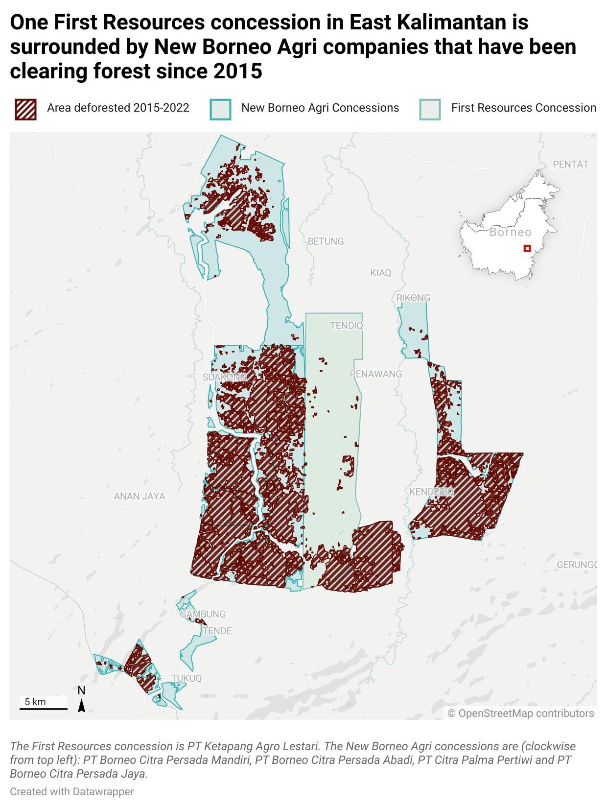 Map showing deforestation by New Borneo Agri companies surrounding a First Resources concession.